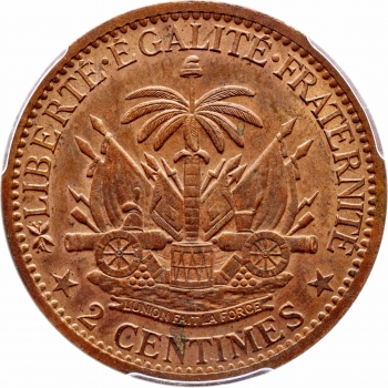 Гаити 2 сантима 1881 г., PCGS MS63 RB, "Республика Гаити (1863 - 1985)"