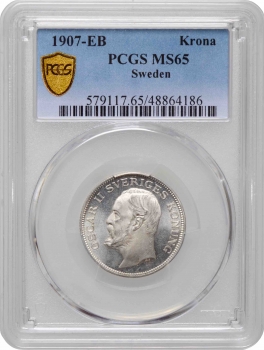 Швеция 1 крона 1907 г. EB, PCGS MS65, "Король Оскар II (1873 - 1907)"
