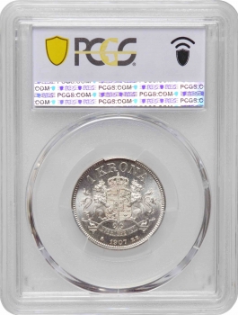 Швеция 1 крона 1907 г. EB, PCGS MS65, "Король Оскар II (1873 - 1907)"