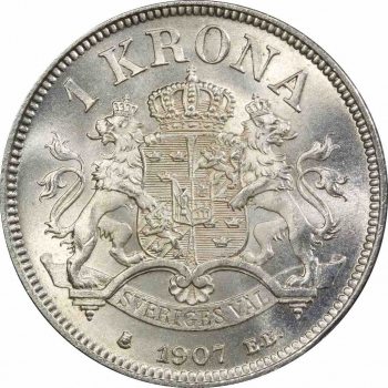 Швеция 1 крона 1907 г. EB, PCGS MS65, "Король Оскар II (1873 - 1907)"