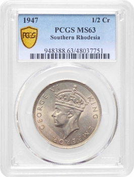 Южная Родезия 1/2 кроны 1947 г., PCGS MS63, "Колония Великобритании (1932 - 1955)"