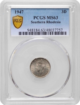 Южная Родезия 3 пенса 1947 г., PCGS MS63, "Колония Великобритании (1932 - 1955)"