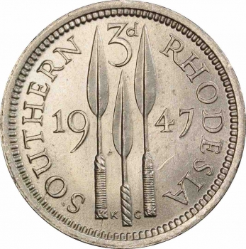 Южная Родезия 3 пенса 1947 г., PCGS MS63, "Колония Великобритании (1932 - 1955)"