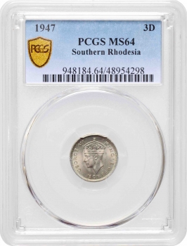 Южная Родезия 3 пенса 1947 г., PCGS MS64, "Колония Великобритании (1932 - 1955)"