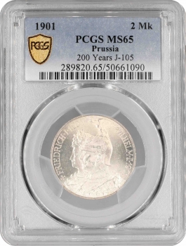 Пруссия 2 марки 1901 г. A, PCGS MS65, "200 лет Пруссии"