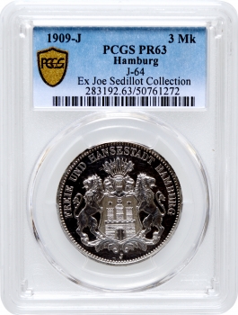 Гамбург 3 марки 1909 г. J, PCGS PR63, "Вольный город Гамбург (1871 - 1918)"