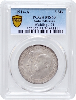 Ангальт-Дессау 3 марки 1914 г. A, PCGS MS63, "25 лет свадьбе Фридриха II и Марии Баденской"