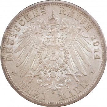 Ангальт-Дессау 3 марки 1914 г. A, PCGS MS63, "25 лет свадьбе Фридриха II и Марии Баденской"