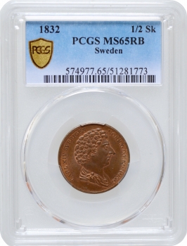 Швеція 1/2 скілінга 1832, PCGS MS65 RB, "Король Карл XIV Юхан (1818 - 1844)" Top Pop 1/2
