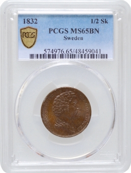 Швеція 1/2 скілінга 1832, PCGS MS65 BN, "Король Карл XIV Юхан (1818 - 1844)" Top Pop 2/0
