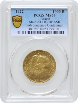 Бразилія 1000 рейсів 1922 р., PCGS MS64, "100 років незалежності Бразилії" KM#522.2 (error "BBASIL")