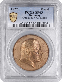 Веймарская Республика  бронзовая медаль 1927 г., PCGS SP63, "80-летие Пауля фон Гинденбурга"