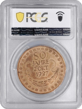Веймарская Республика  бронзовая медаль 1927 г., PCGS SP63, "80-летие Пауля фон Гинденбурга"