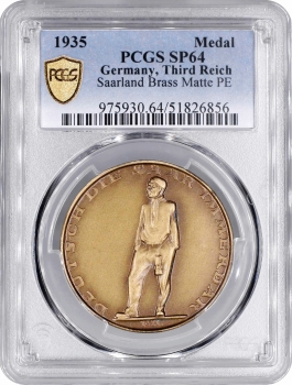 Германия - Третий рейх бронзовая медаль 1935 г., PCGS SP64, "Воссоединение Саара" Top Pop
