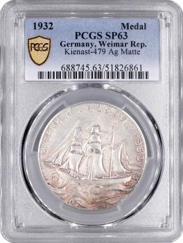 Веймарская Республика Медаль 1932 г., PCGS SP63, "Затопление учебного корабля «Ниобе»"
