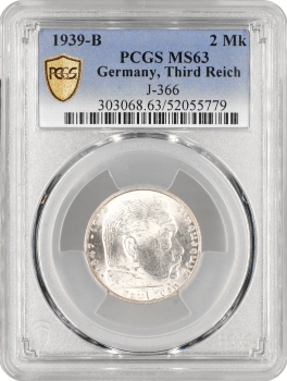 Німеччина - Третій рейх 2 рейхсмарки 1939 р. B, PCGS MS62, "Нацистська Німеччина (1933 - 1945)"
