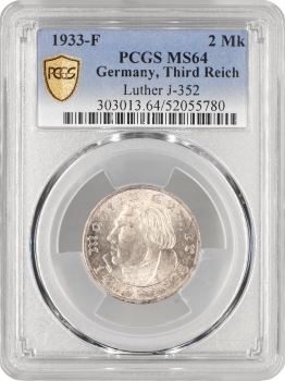 Німеччина - Третій рейх 2 рейхсмарки 1933 р. F, PCGS MS64, "450 років з дня народження М. Лютера"