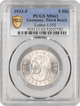 Німеччина - Третій рейх 5 рейхсмарок 1933 р. F, PCGS MS63, "450 років з дня народження М. Лютера"