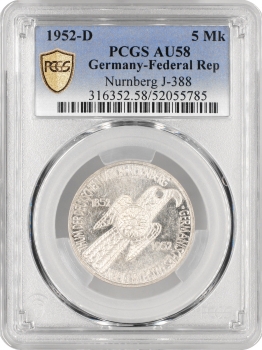 Німеччина - ФРН 5 марок 1952 р. D, PCGS AU58, "100 років Нюрнберзькому музею"