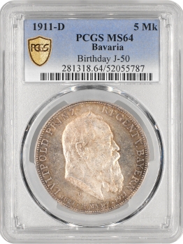 Баварія 5 марок 1911 р. D, PCGS MS64, "90 років від дня народження Луітпольда Баварського"