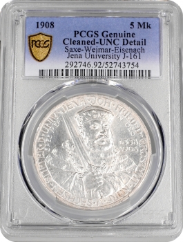 Саксен-Веймар-Ейзенах 5 марок 1908 р., PCGS UNC Det., "350 років Йєнському університету"