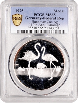 Німеччина срібна медаль 1975 р., PCGS MS65, "110-а річниця. Гановерський зоопарк - Фламінго"