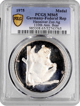 Німеччина срібна медаль 1975 р., PCGS MS65, "110-та річниця. Ганноверський зоопарк - Ведмідь"