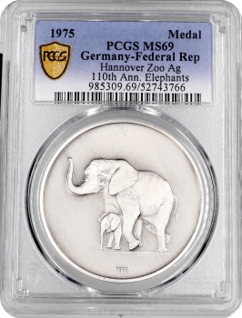 Німеччина срібна медаль 1975 р., PCGS MS69, "110-та річниця. Ганноверський зоопарк - Слон"