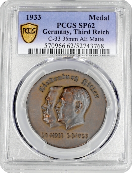 Німеччина - Третій рейх бронзова медаль 1933, PCGS SP62, "Гінденбург і Гітлер, вибори в Рейхстаг"