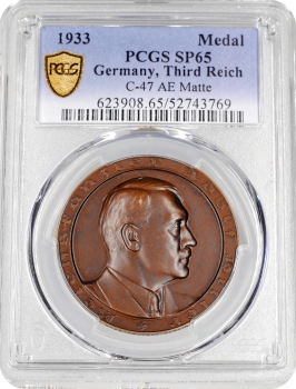 Німеччина - Третій рейх медаль 1933 р., PCGS SP65, "Ein Volk, Ein Reich, Ein Führer" Top Pop