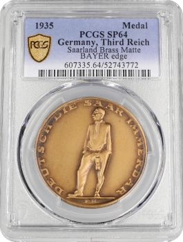 Німеччина - Третій рейх, бронзова медаль 1935 р., PCGS SP64, "Воз'єднання Саара" Top Pop