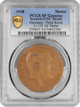 Германия - Третий рейх бронзовая медаль 1938 г., PCGS SP UNC Det., "Бюст Адольфа Гитлера"
