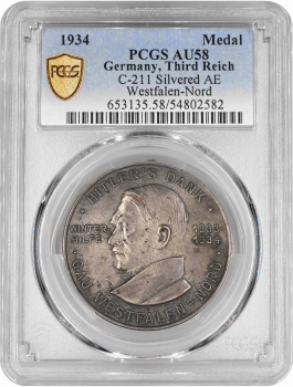 Германия - Третий рейх медаль 1933 г., PCGS AU58, "Hitler's Dank: Winterhilfe"