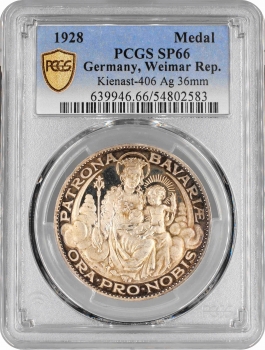 Веймарская Республика Медаль 1928 г., PCGS SP66, "Patrona Bavariae" KARL GOETZ Top Pop