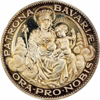 Веймарская Республика Медаль 1928 г., PCGS SP66, "Patrona Bavariae" KARL GOETZ Top Pop