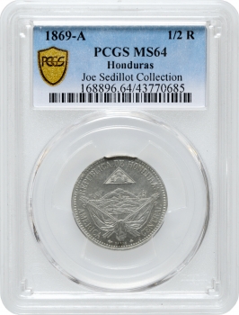 Гондурас 1/2 реала 1869 г. A, PCGS MS64, "Песо (pre-decimal) (1862 - 1871)"