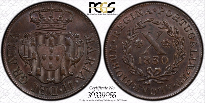 Остров Терсейра 5 и 10 рейсов 1830 г., PCGS MS62-63, "Мария II в изгнании (1828 - 1833)"