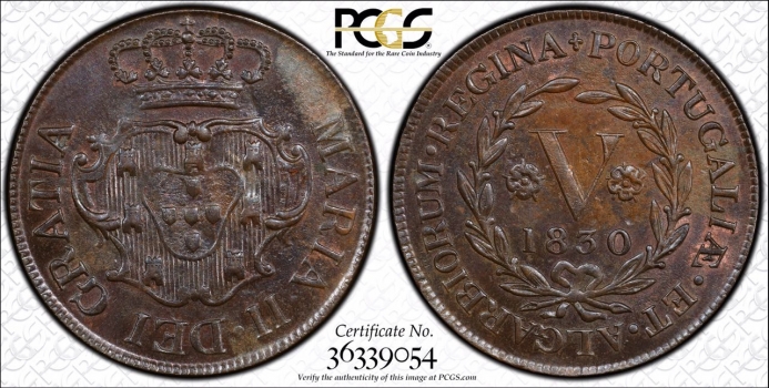 Остров Терсейра 5 и 10 рейсов 1830 г., PCGS MS62-63, "Мария II в изгнании (1828 - 1833)"