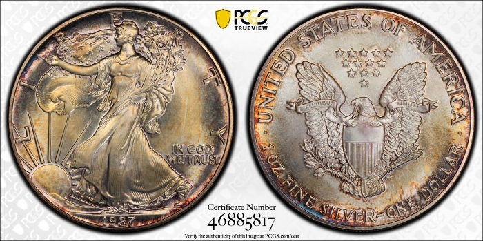 США 1 доллар 1987 г., PCGS MS66, "Американский серебряный орёл" ПАТИНИРОВАННАЯ