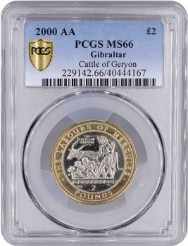 Гибралтар 2 фунта 2000 г., PCGS MS66, "12 подвигов Геракла - Похищение коров Гериона" Top Pop