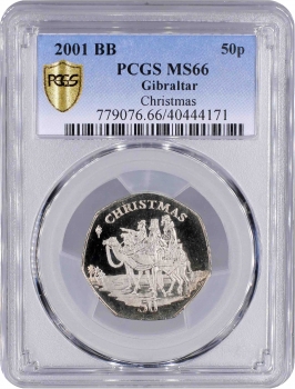 Гибралтар 50 пенсов 2001 г. BB, PCGS MS66, "Рождество" Top Pop