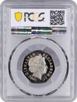 Гибралтар 50 пенсов 2001 г. BB, PCGS MS66, "Рождество" Top Pop