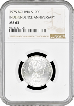 Боливия 100 песо 1975 г., NGC MS63, "150 лет Независимости"
