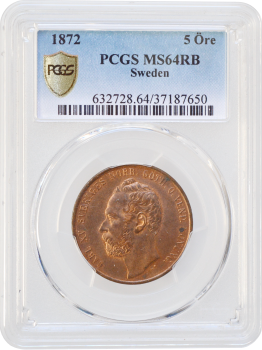 Швеция 5 эре 1872 г., PCGS MS64 RB, "Король Карл XV (1859 - 1872)"