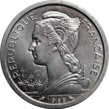 Французское Сомали 2 франка 1959 г., BU, 'Колония Франции (1948-1965)', РЕДКАЯ