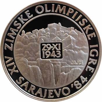 Югославия 250 динаров 1984 г., PROOF, 'Сараево 1984 - город Яйце 29.11.1943'