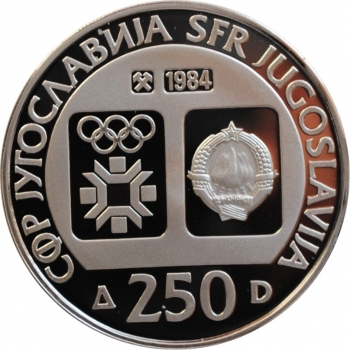 Югославия 250 динаров 1984 г., PROOF, 'Сараево 1984 - город Яйце 29.11.1943'