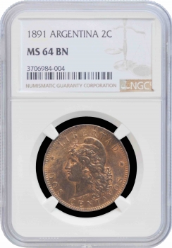 Аргентина 2 сентаво 1891 г., NGC MS64 BN, "Песо аргентинское (1881 - 1969)"