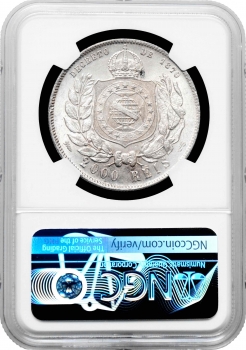 Бразилия 2000 рейсов 1889 г., NGC MS63, "Император Педро II (1831 - 1889)"