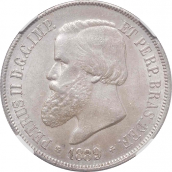 Бразилия 2000 рейсов 1889 г., NGC MS63, "Император Педро II (1831 - 1889)"